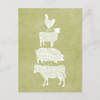 Cartão Postal Cortes de Carne de Açougue Vintage Vaca Porco Fran