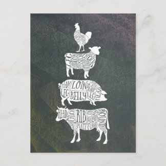 Cartão Postal Cortes de Carne de Açougue Vintage Vaca Porco Fran