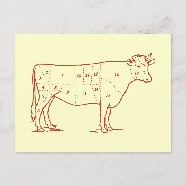Cartão Postal Cortes de Carne de Bovino Retro (Frente)