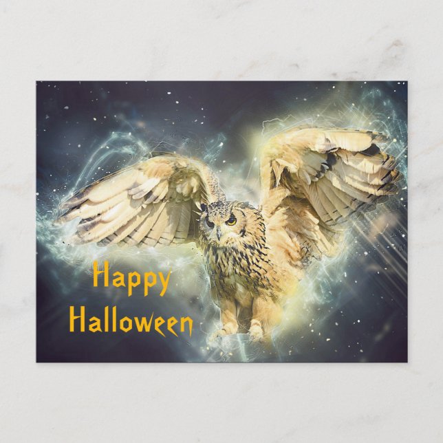Cartão Postal Coruja Amarelo Espalha Gráfico Halloween (Frente)