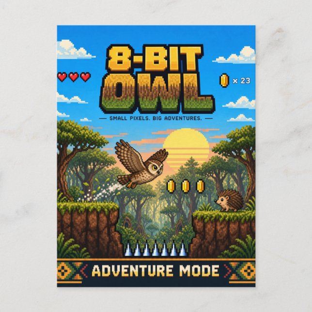 Cartão Postal Coruja, Arte Pixel 8-Bit Retro (Frente)