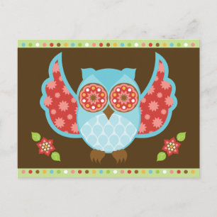 Cartão Postal Coruja Azul e Vermelha no Cartão-Postal Marrom e 