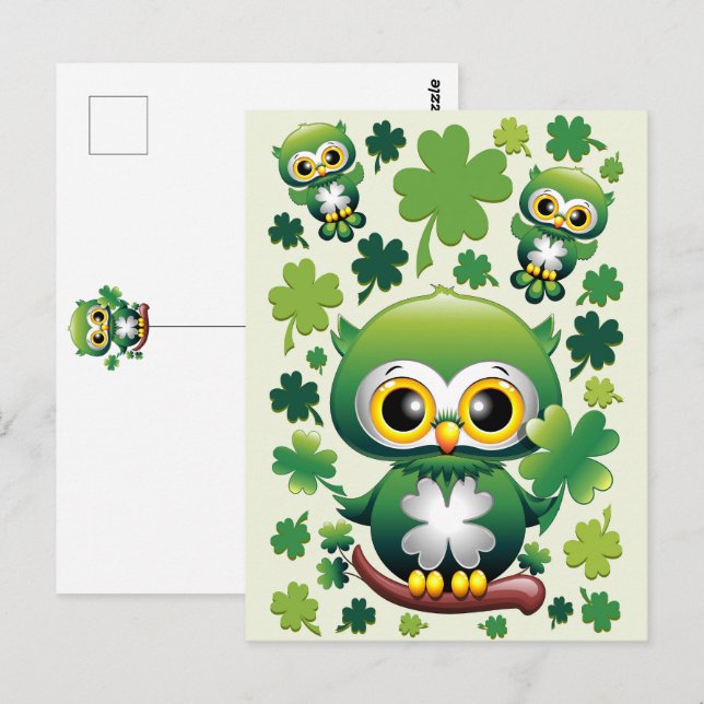 Cartão Postal Coruja Bebê Fofo St Patrick Desenho Animado (Frente/Verso)