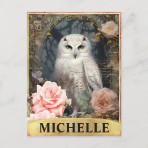 Cartão Postal Coruja Branca e Rosas Rosa Vintage
