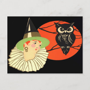 Cartão Postal Coruja Bruxa Art Déco Lua Cheia