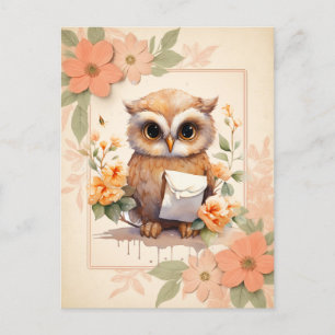 Cartão Postal Coruja de Aquarela de Verão - Moldura floral -