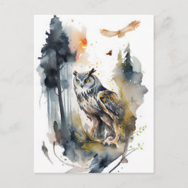 Cartão Postal Coruja de Aquarela na Floresta