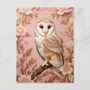 Cartão Postal Coruja de Celeiro Elegante Rosa e Floral Dourado