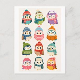 Cartão Postal Coruja de desenho animado de inverno fofa