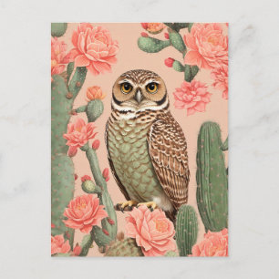 Cartão Postal Coruja E Cactuses Elegantes