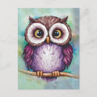 Cartão Postal Coruja fofa pintada à aquarela