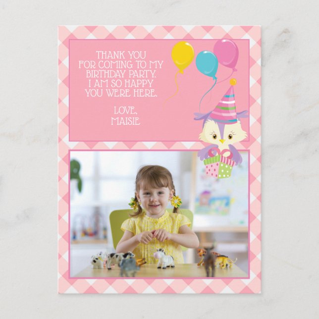 Cartão Postal Coruja Fresca Rosa Gingham Filho Aniversário Obrig (Frente)