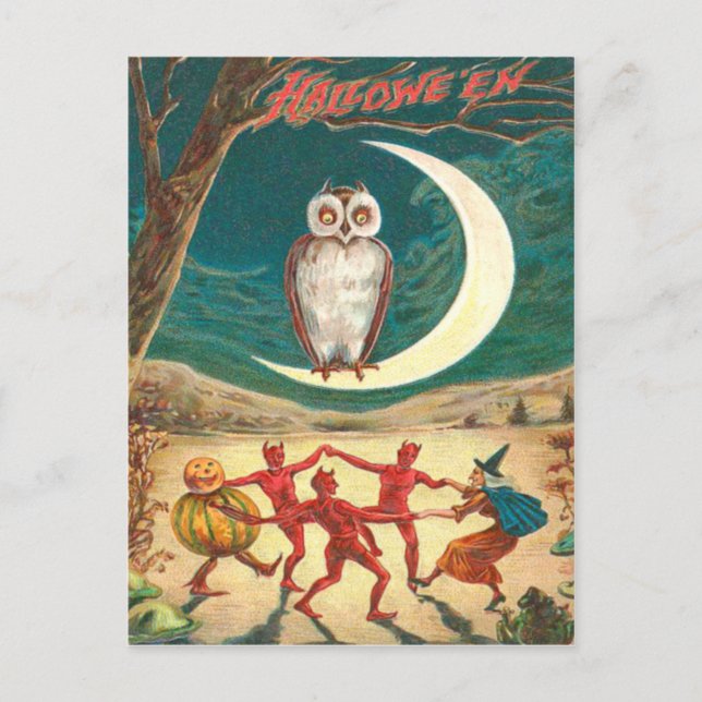 Cartão Postal Coruja Lua Crescente Bruxa Demônio Criatura (Frente)