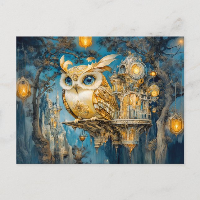 Cartão Postal Coruja Mística num Castelo de Árvore à Noite (Frente)