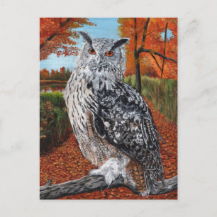 Cartão Postal Coruja na floresta de outono arte fina