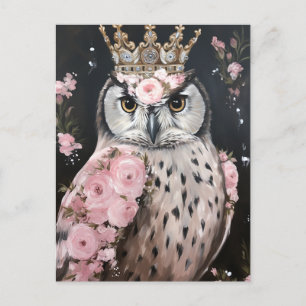 Cartão Postal Coruja Neve com Coroa Ouro e Flores Rosa
