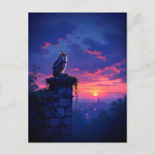 Cartão Postal Coruja no telhado da cidade Sunset
