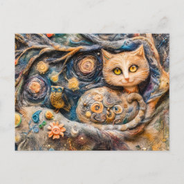 Cartão Postal Coruja Tawny e Gato em uma Árvore Feita em Técnica