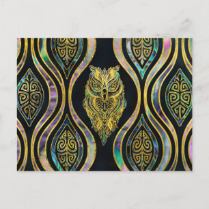 Cartão Postal Coruja Tribal Dourada no padrão Boho Abalone