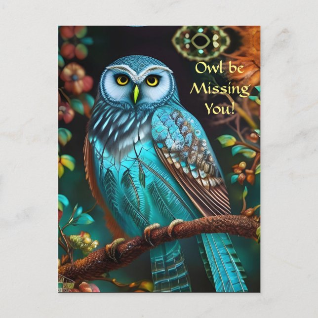 Cartão Postal Coruja Turquesa Saudade de Você (Frente)