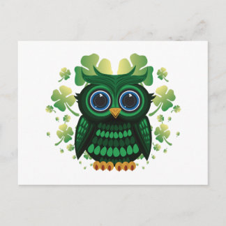 Cartão Postal Coruja Verde Sortuda Fundo Branco Dia de São Patrí