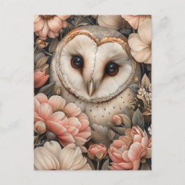 Cartão Postal Coruja Whimsical e Desenho Floral Pastel