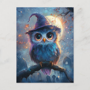 Cartão Postal Coruja Whimsical no Chapéu das Bruxas com Lua Chei