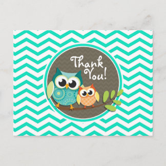 Cartão Postal Corujas Cutes; Aqua Green Chevron