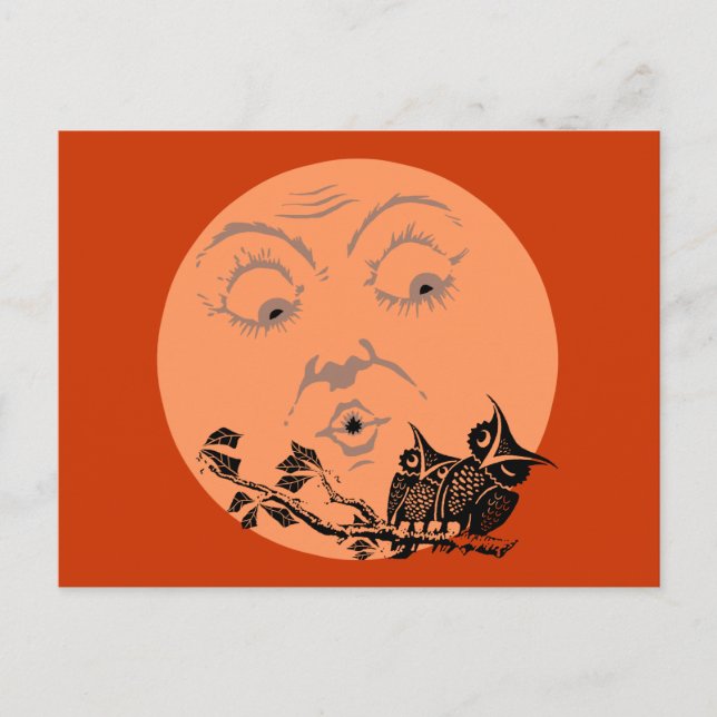 Cartão Postal Corujas de Halloween da Lua Vintage (Frente)
