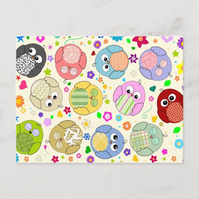 Cartão Postal Corujas e Flores Cutas - creme (Frente)
