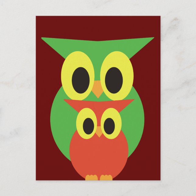Cartão Postal Corujas Verdes e Vermelhas (Frente)