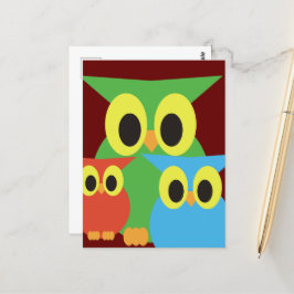 Cartão Postal Corujas Verdes, Vermelhas e Azuis