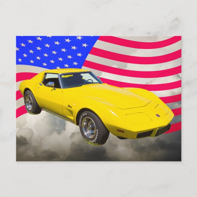 Cartão Postal Corvette Stingray 1975 Com Bandeira Americana (Frente)