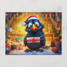 Corvo Com Chapéu De Papai Noel E Presente Em Cena 
