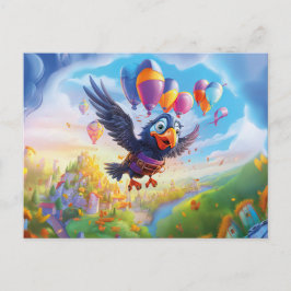 Cartão Postal Corvo de Aniversário Com Balões E Castelo Fantásti