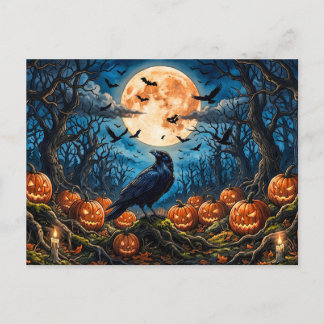 Cartão Postal Corvo de Halloween, Abóboras e Lua Cheia