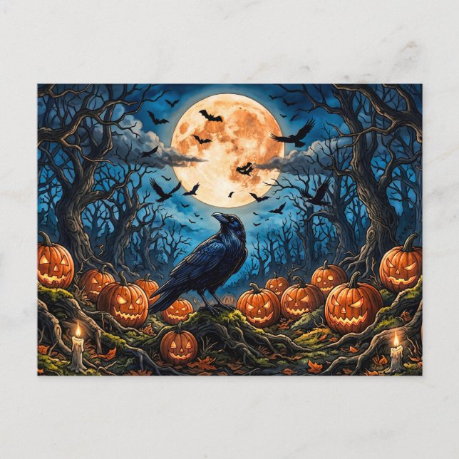 Cartão Postal Corvo de Halloween, Abóboras e Lua Cheia  (Frente)