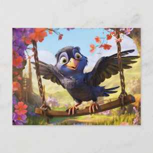 Cartão Postal Corvo Observando a Paisagem da Primavera com Flore
