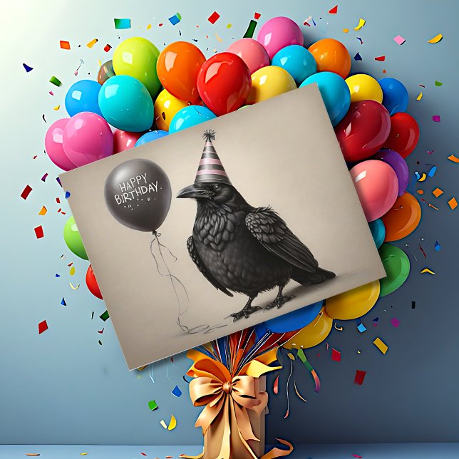 Cartão Postal Corvo olhando para balão de aniversário feliz carv (Criador carregado)