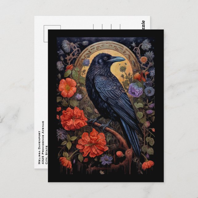 Cartão Postal Corvo Preto com Desenho Gótico de Flores (Frente/Verso)