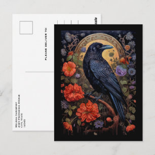 Cartão Postal Corvo Preto com Desenho Gótico de Flores
