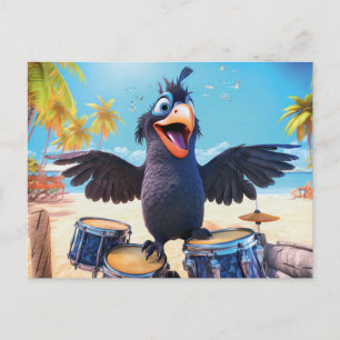 Cartão Postal Corvo Tocando Tambores Na Praia Tropical