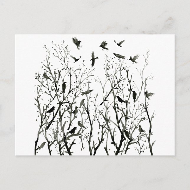 Cartão Postal Corvos d'água em madeira em preto noturno (Frente)