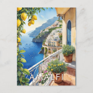 Cartão Postal Costa Amalfi Limão Balcony Ocean View Retro Viagem