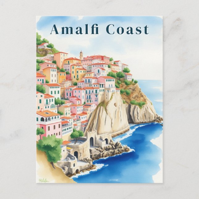Cartão Postal Costa Amalfitana Itália Aquarela Cidade à Beira do (Frente)