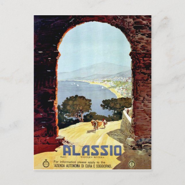 Cartão Postal costa de Alassio, Itália, vista do arco, safra (Frente)