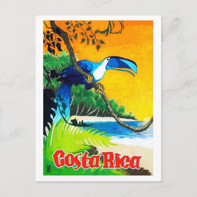Cartão Postal Costa Rica, papagaio exótico na praia, safra (Frente)
