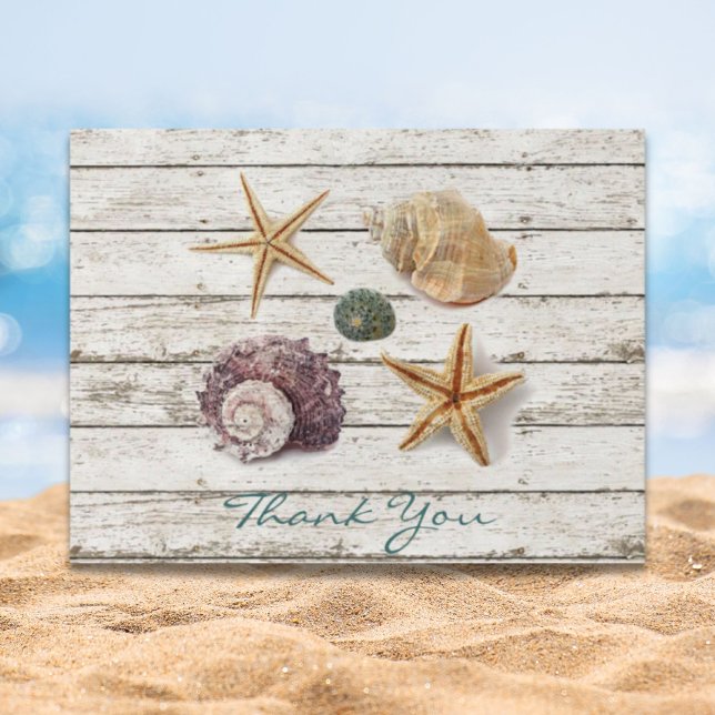 Cartão Postal Costeiras conchas de verão praia obrigado de casam (Coastal seashells beach wedding thank you postcard)