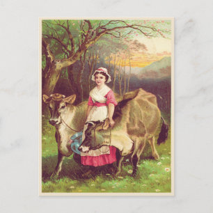 Cartão Postal Cottagecore Farmer Womer com Vaca Watercolor