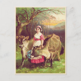 Cartão Postal Cottagecore Farmer Womer com Vaca Watercolor
